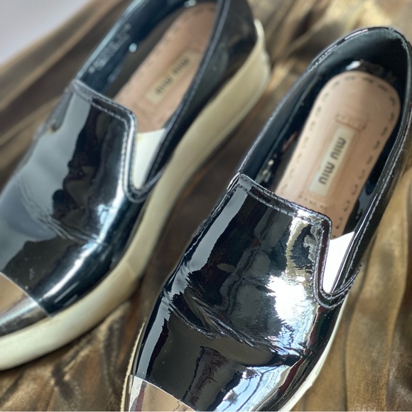 ➖Miu Miu black patent leather metal cap top sneaker platform pointy toe shoes 🔗 - Picture 5 of 9